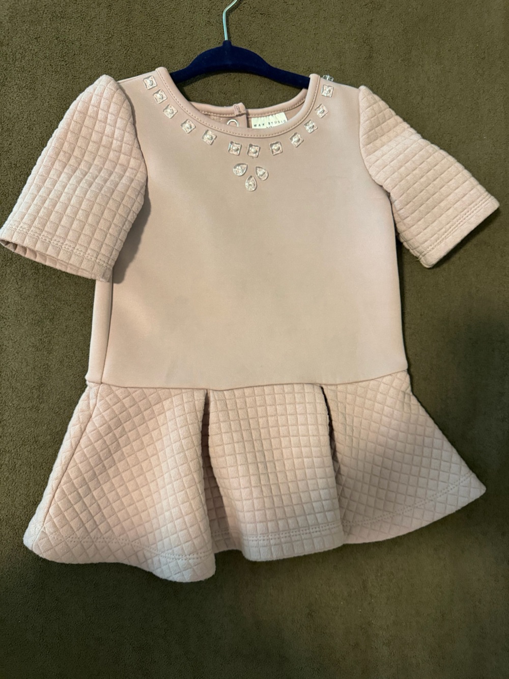 Max Studio Girls Pale Pink Quilted Peplum Dress Coat with Crystal Neckline